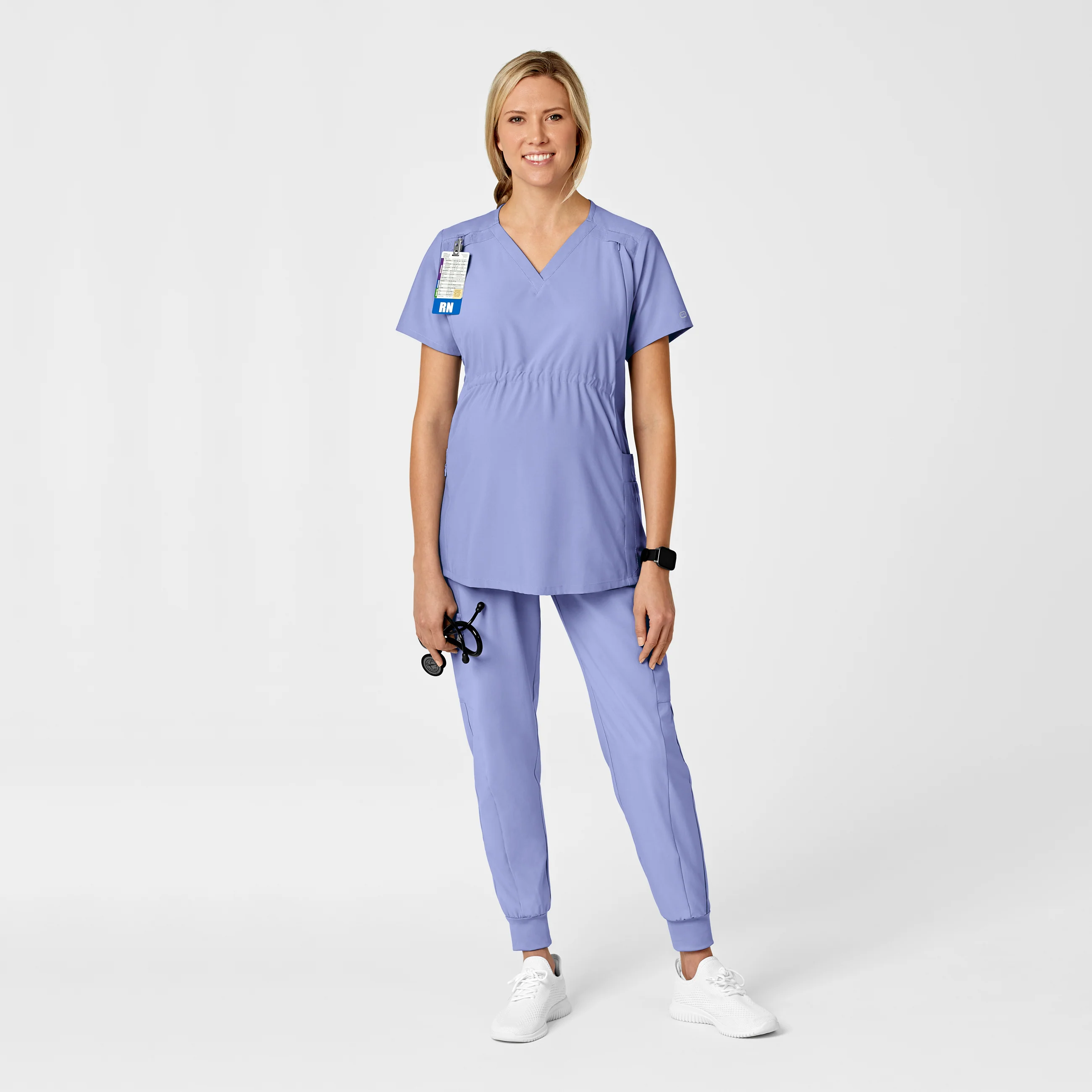 W123 Maternity V-Neck Scrub Top - Ceil Blue - Image 3