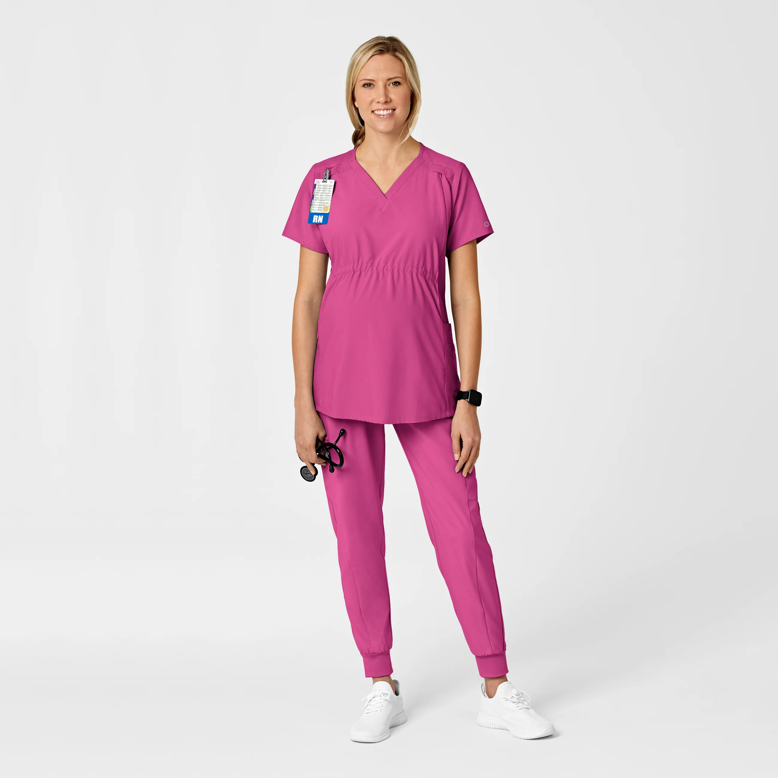 W123 Maternity V-Neck Scrub Top - Hot Pink - Image 3