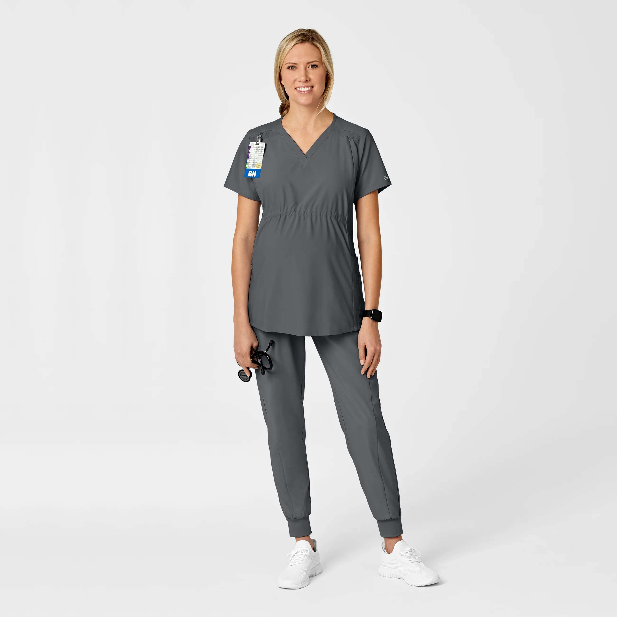 W123 Maternity V-Neck Scrub Top - Pewter - Image 3