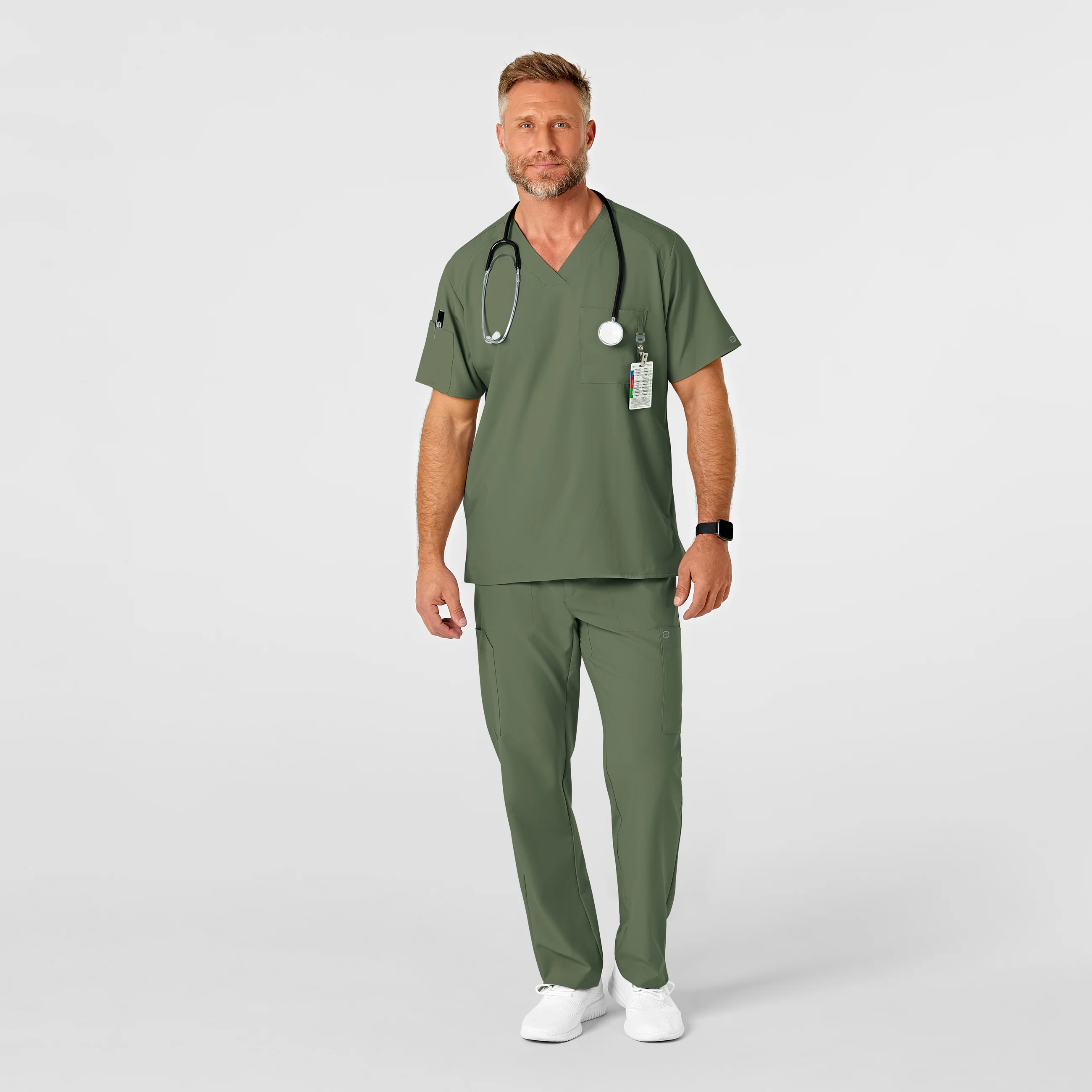 W123 Men's Flat Front Cargo Scrub Pant - Olive - Image 3