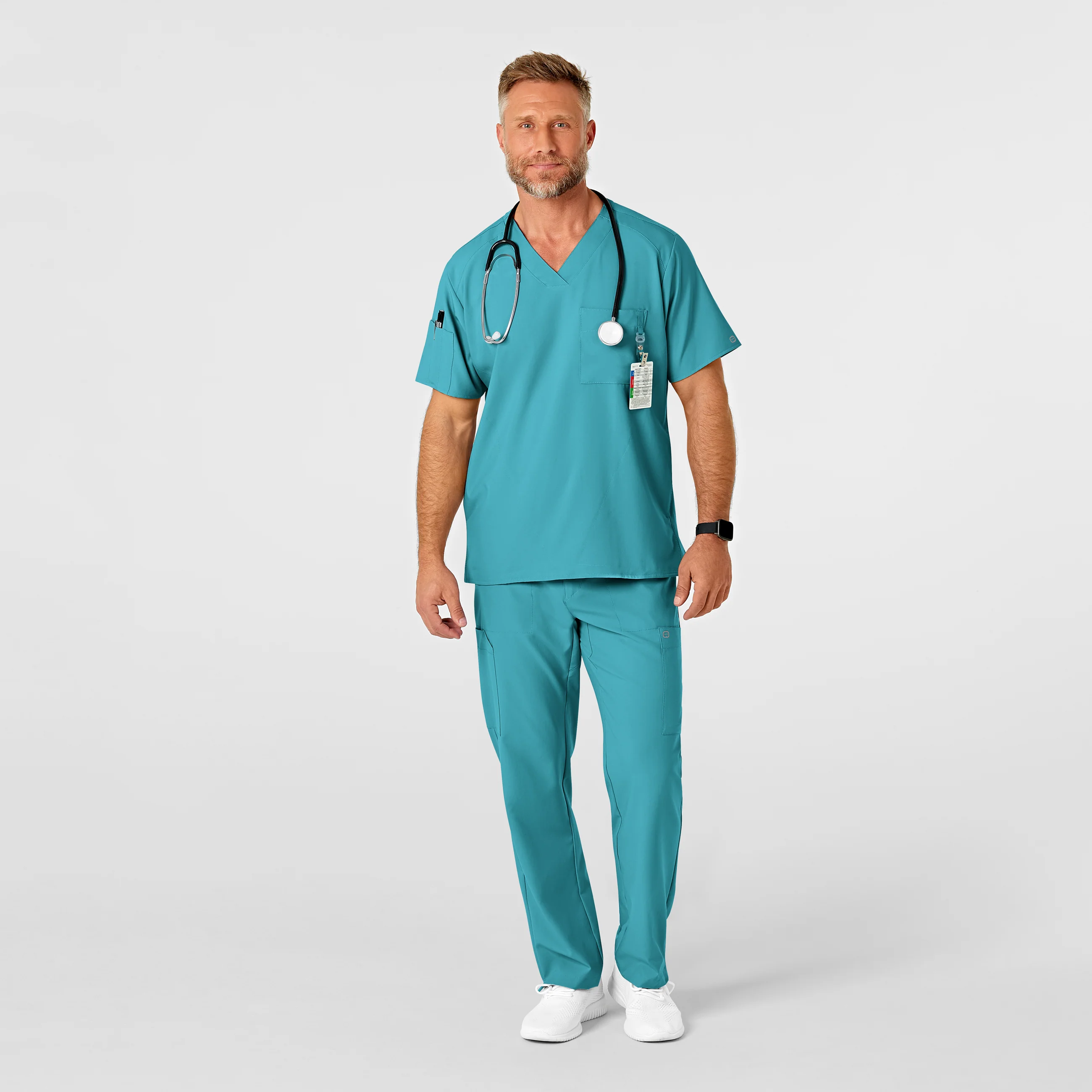 W123 Men's Flat Front Cargo Scrub Pant - Teal Blue - Image 3