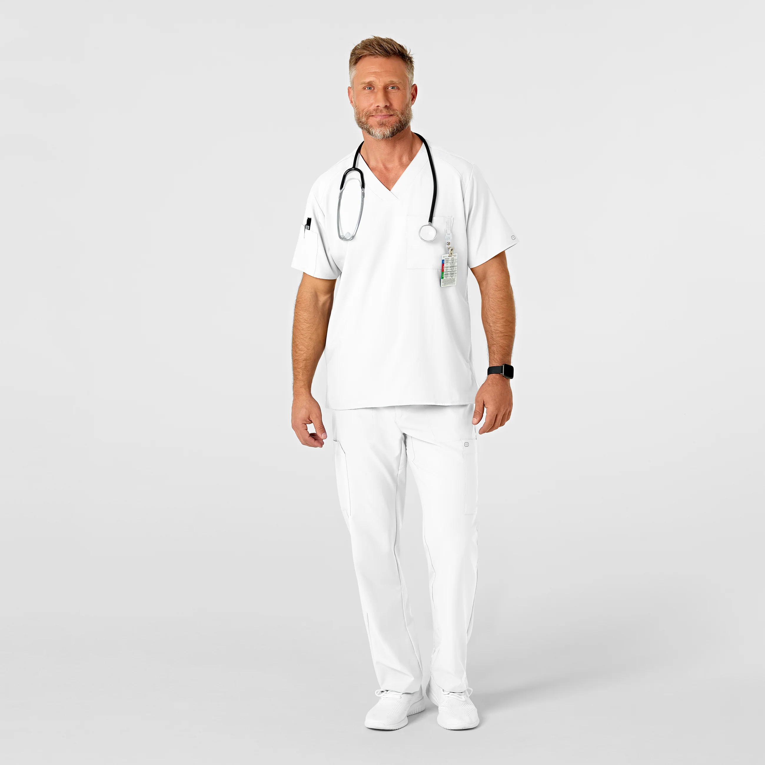 W123 Men's Flat Front Cargo Scrub Pant - White - Image 3