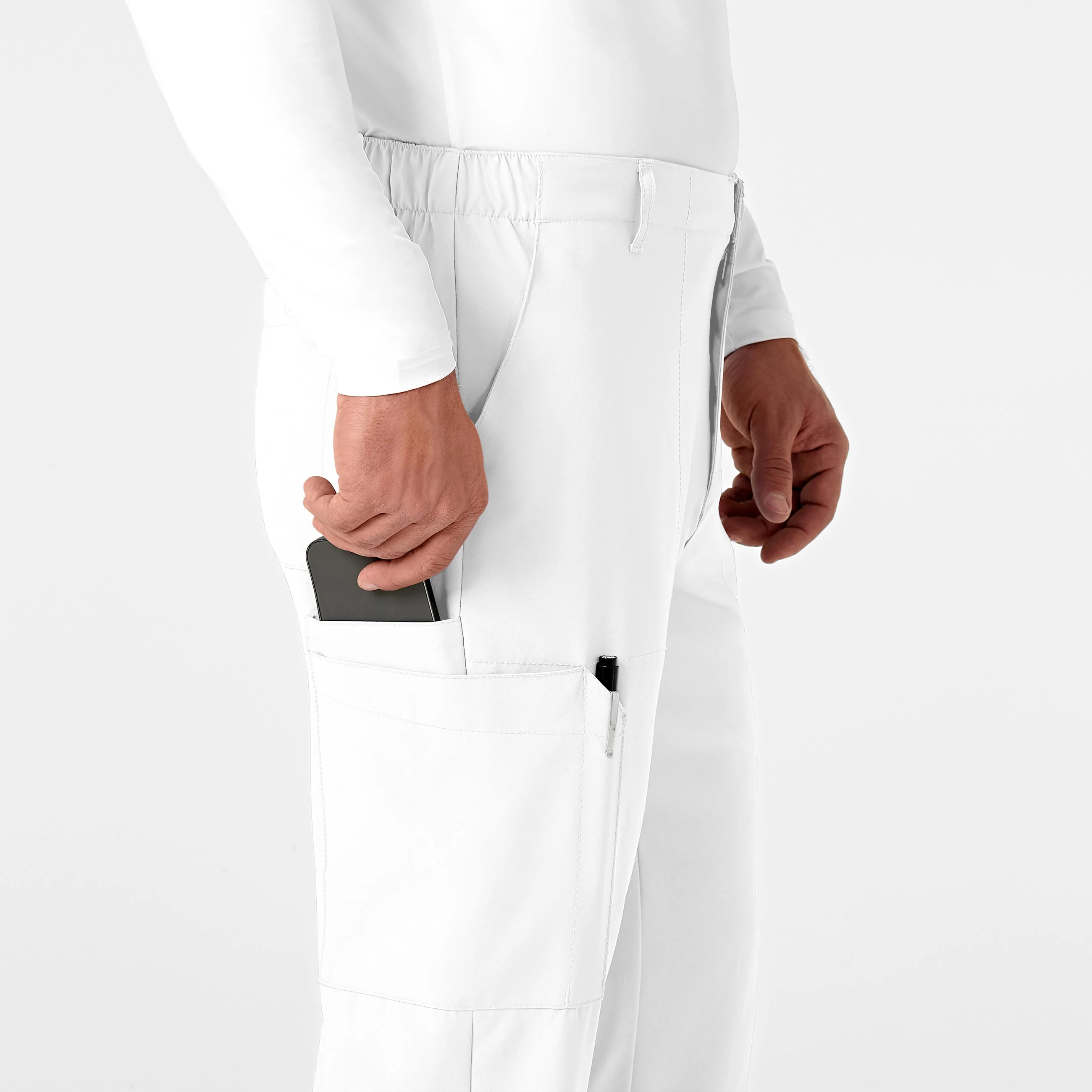 W123 Men's Flat Front Cargo Scrub Pant - White - Image 6
