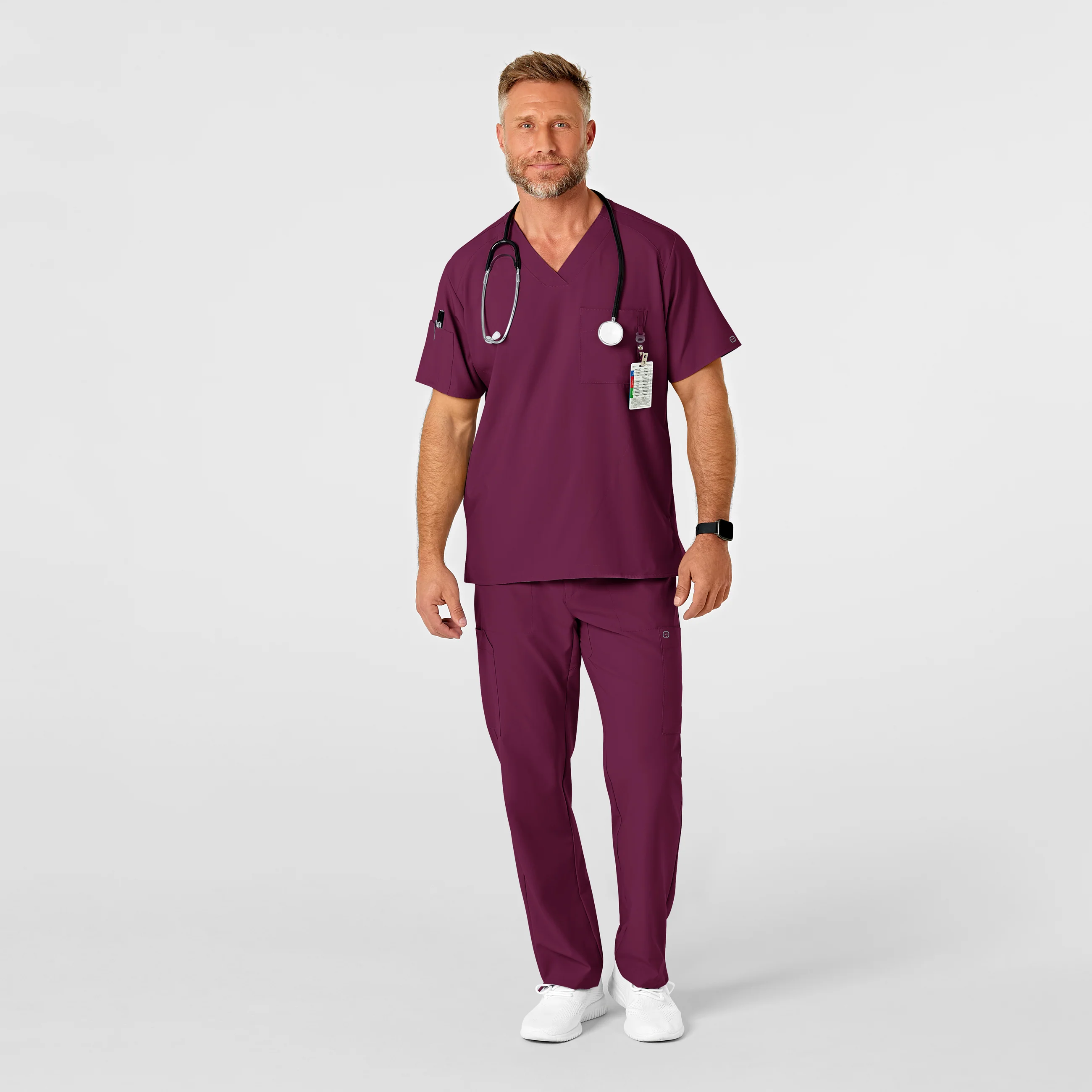 W123 Men's Flat Front Cargo Scrub Pant - Wine - Image 3