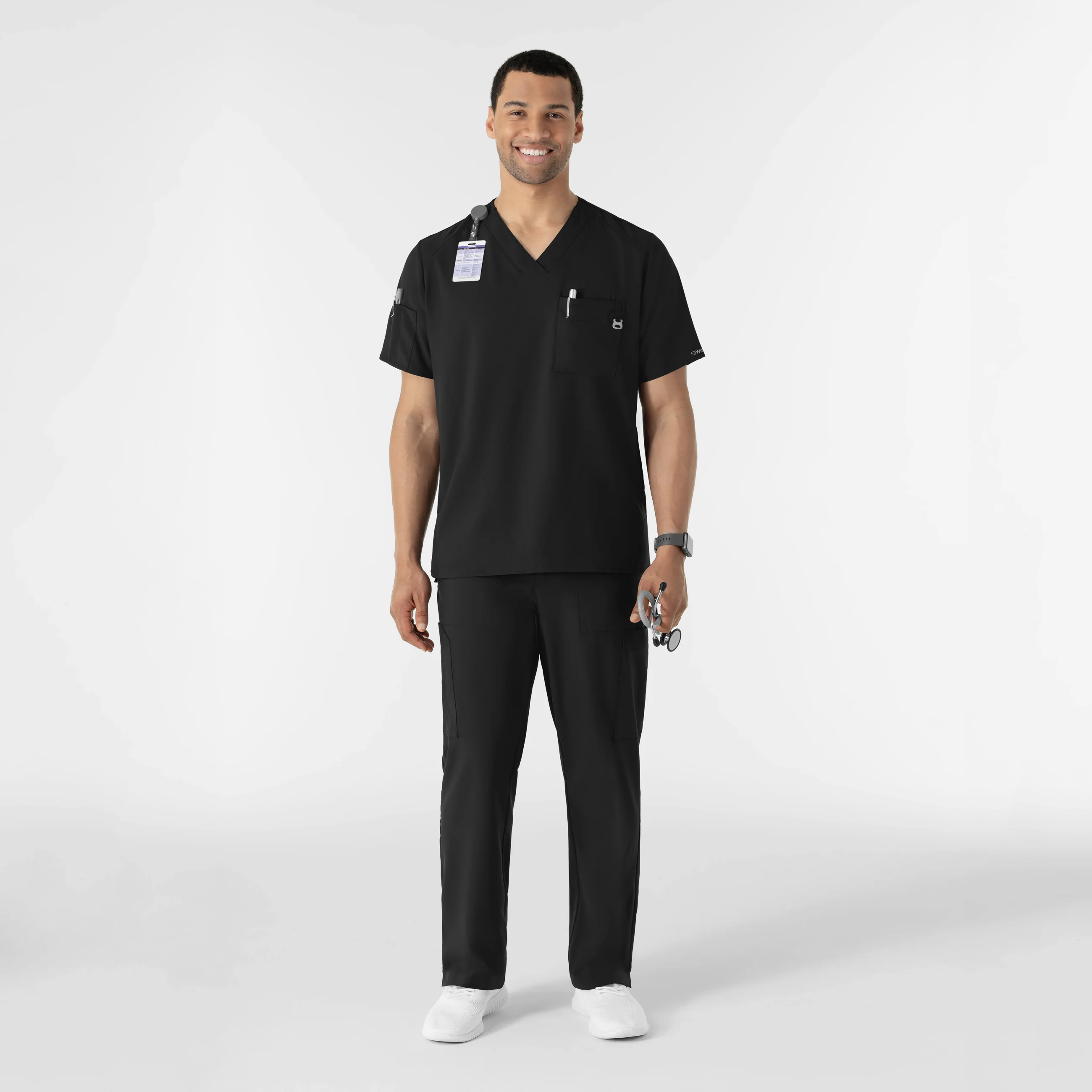 W123 Men's V-Neck Scrub Top - Black - Image 3