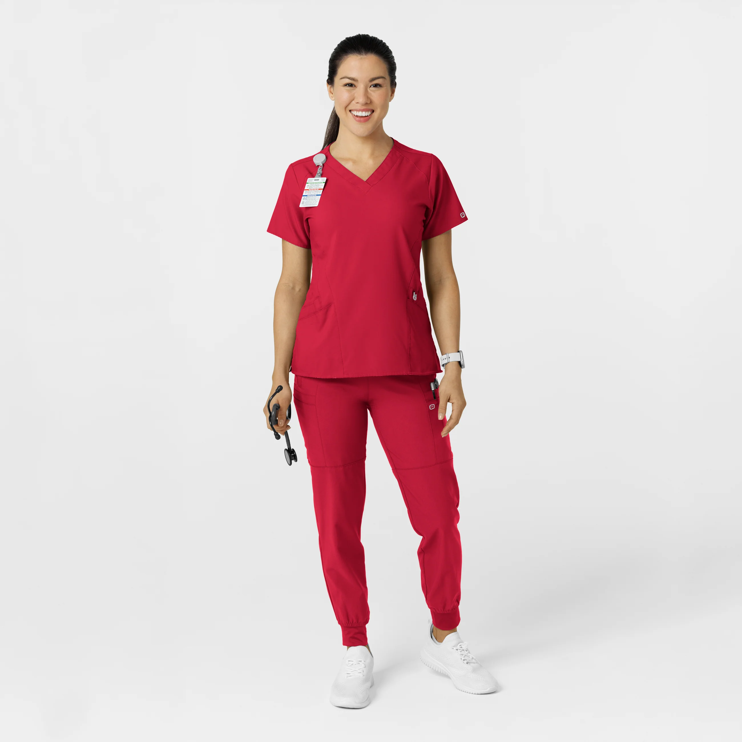 W123 Women's Comfort Waist Cargo Jogger Scrub Pant - Red - Image 3