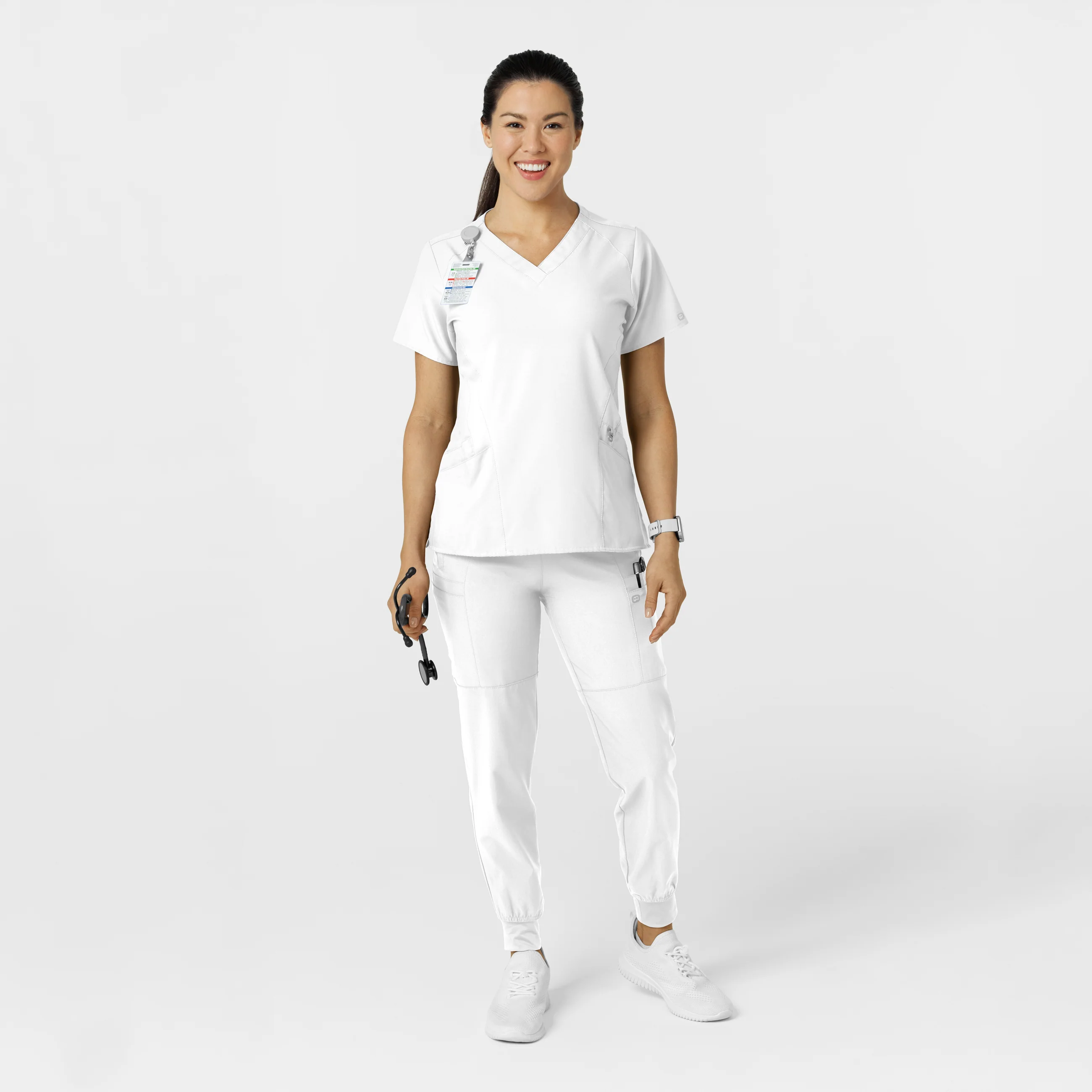 W123 Women's Comfort Waist Cargo Jogger Scrub Pant - White - Image 3