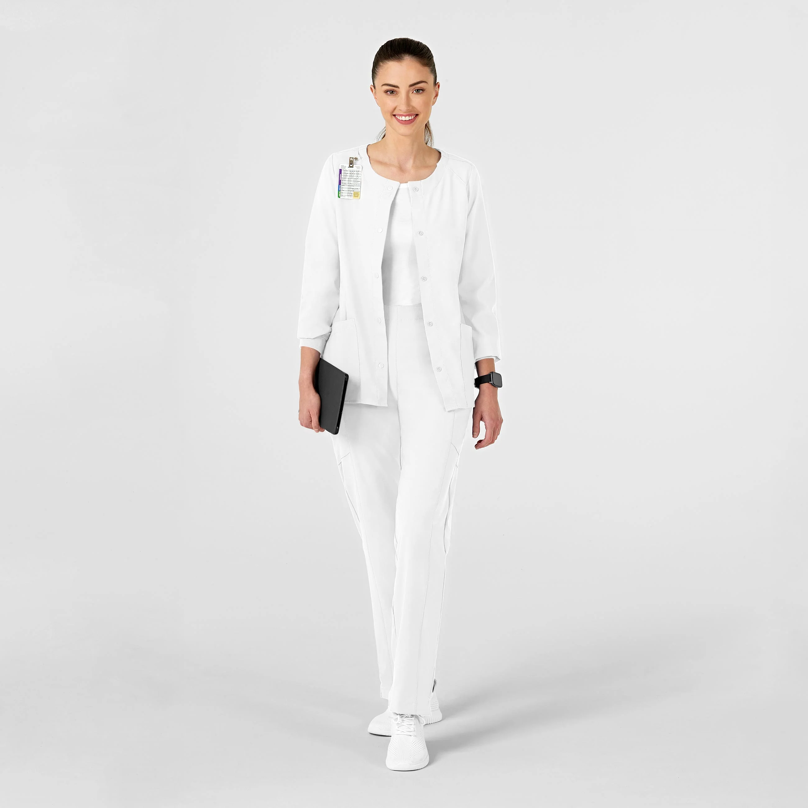 W123 Women's Crew Neck Warm Up Scrub Jacket - White - Image 3
