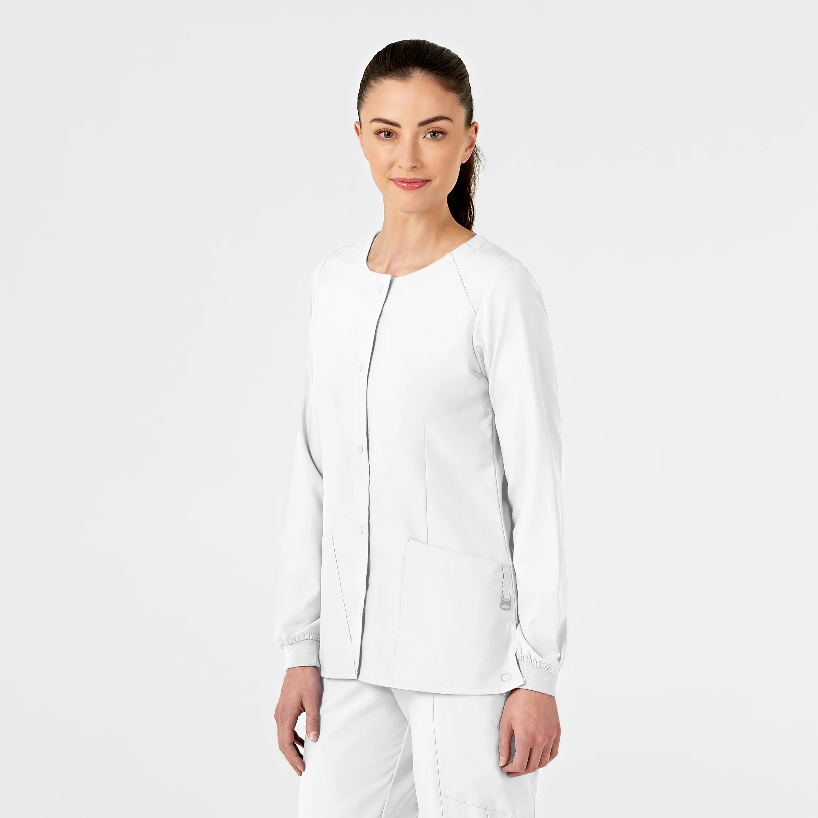W123 Women's Crew Neck Warm Up Scrub Jacket - White - Image 4