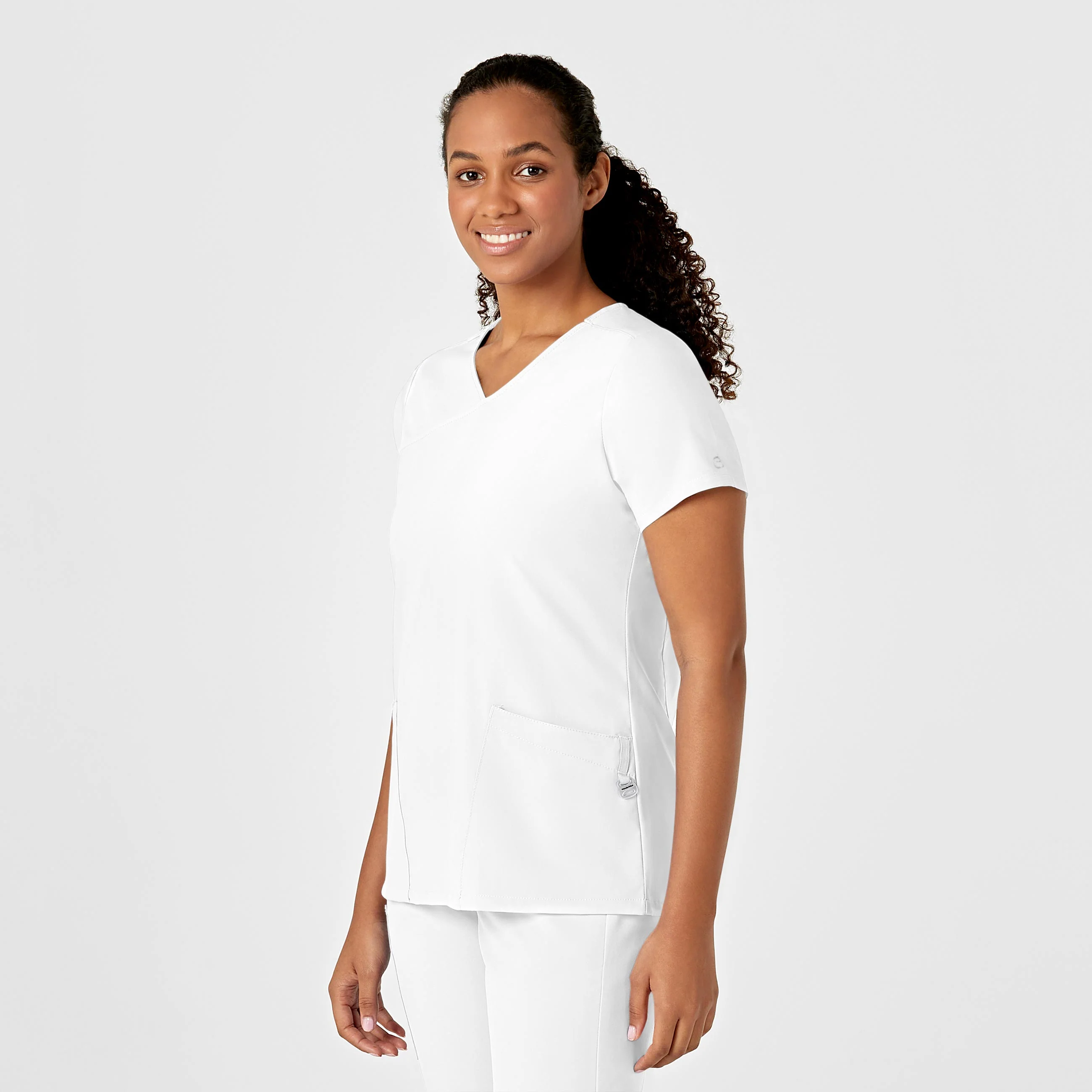 W123 Women's Y-Neck Wrap Scrub Top - White - Image 4