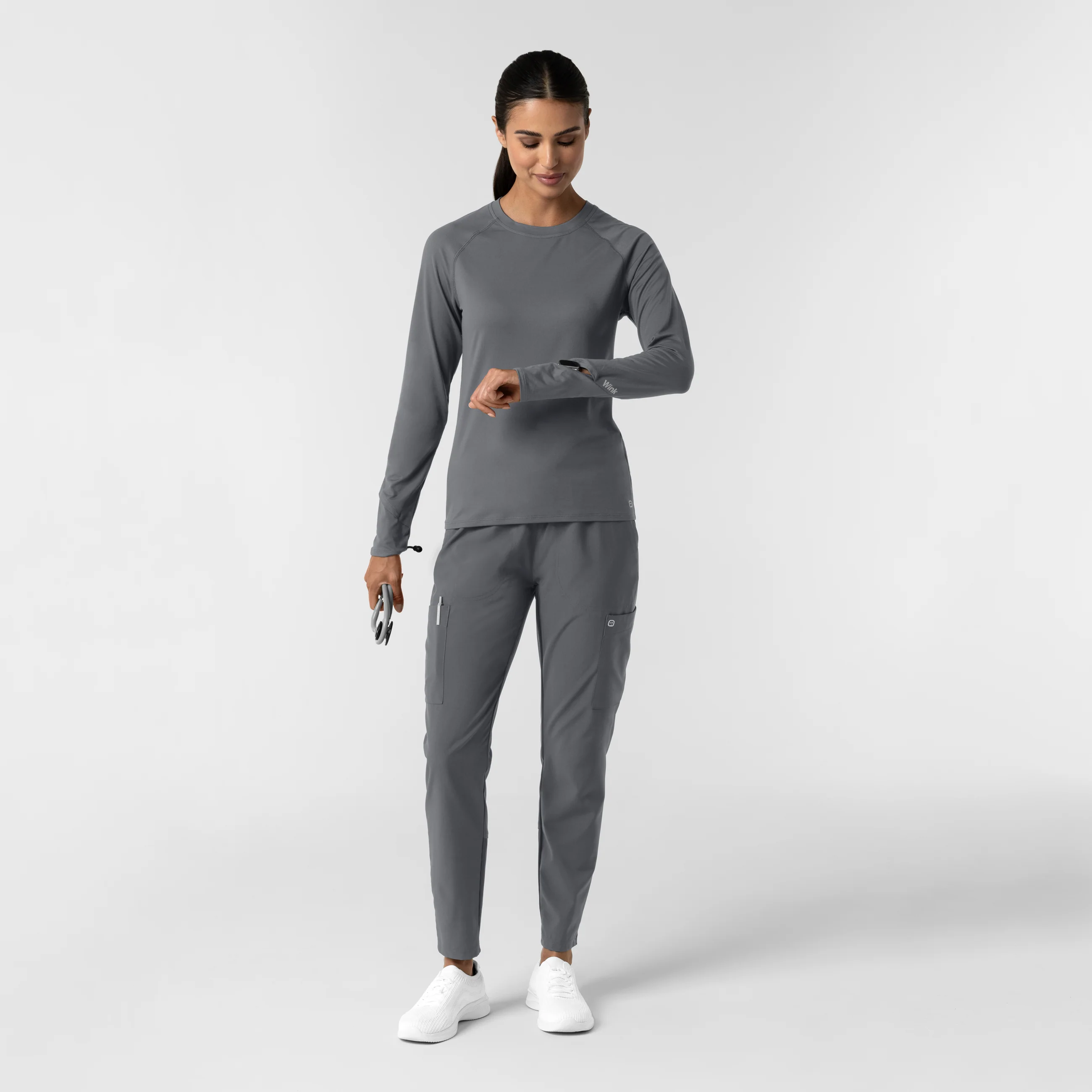 Women's Watch Window Long Sleeve Underscrub Top - Pewter - Image 3